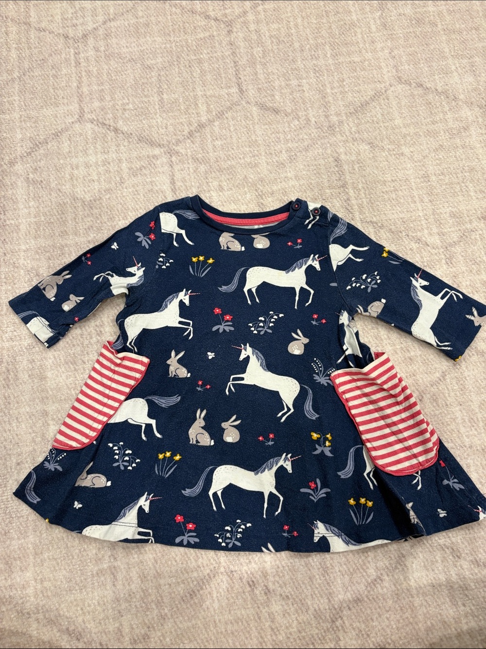 Mini Boden Navy Unicorn & Bunny Dress with Pink Striped Pockets